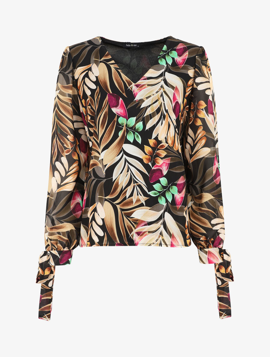 Top col V imprimé feuilles - Noir - 5