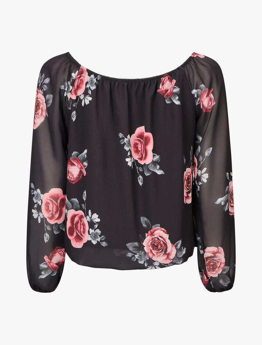 Blouse imprimé grandes fleurs à manches transparentes - Noir - 2