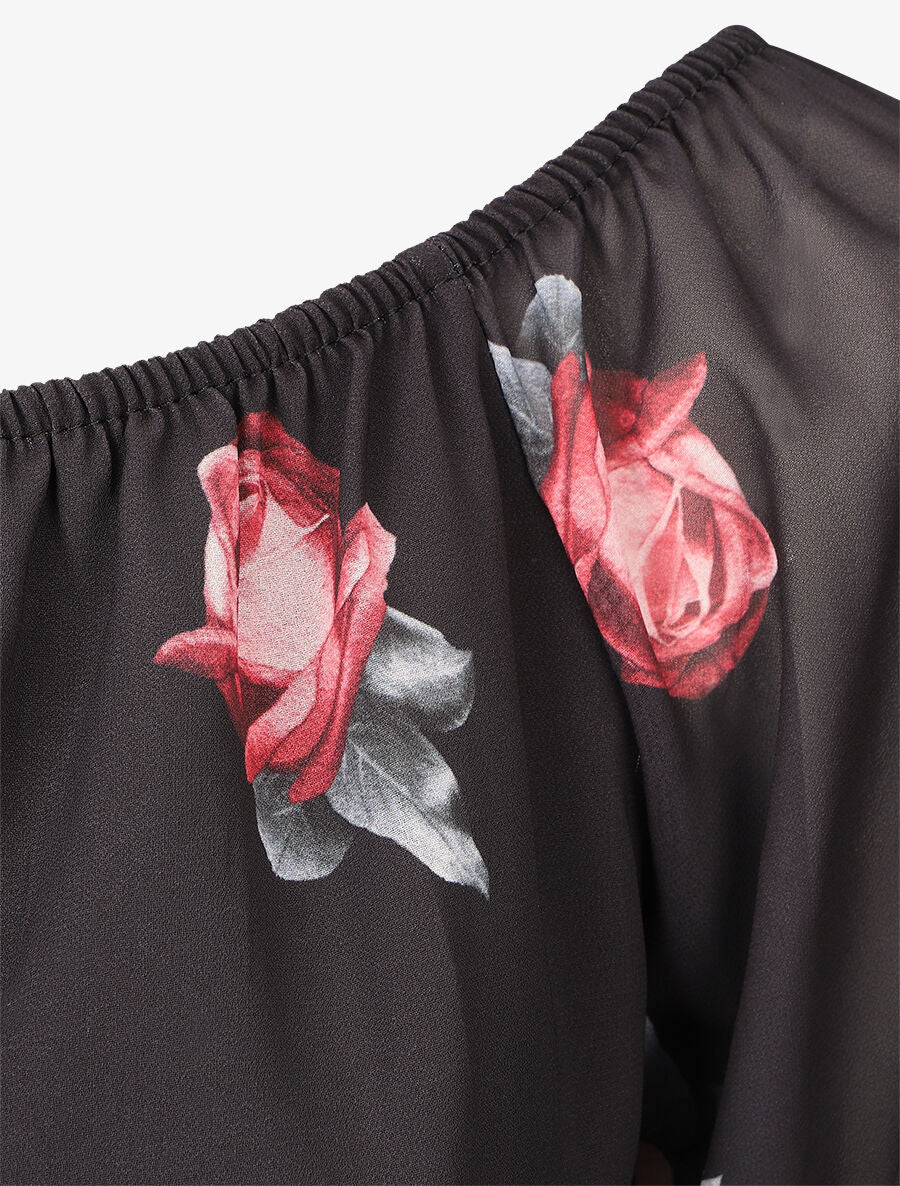 Blouse imprimé grandes fleurs à manches transparentes - Noir - 3