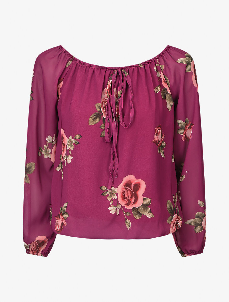 Blouse imprimé grandes fleurs à manches transparentes - Mauve - 1