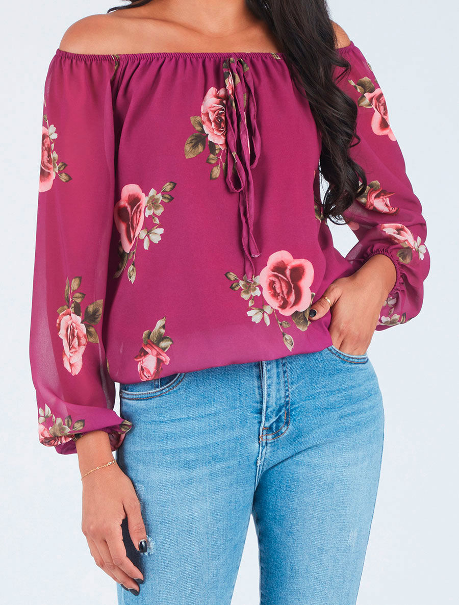 Blouse imprimé grandes fleurs à manches transparentes - Mauve - 4
