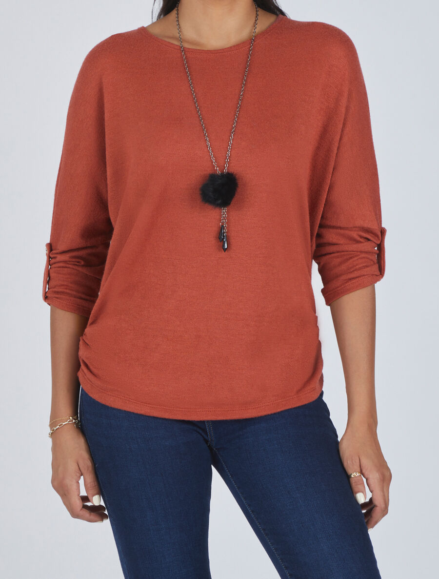Pull ample uni avec sautoir - Rouille - 4
