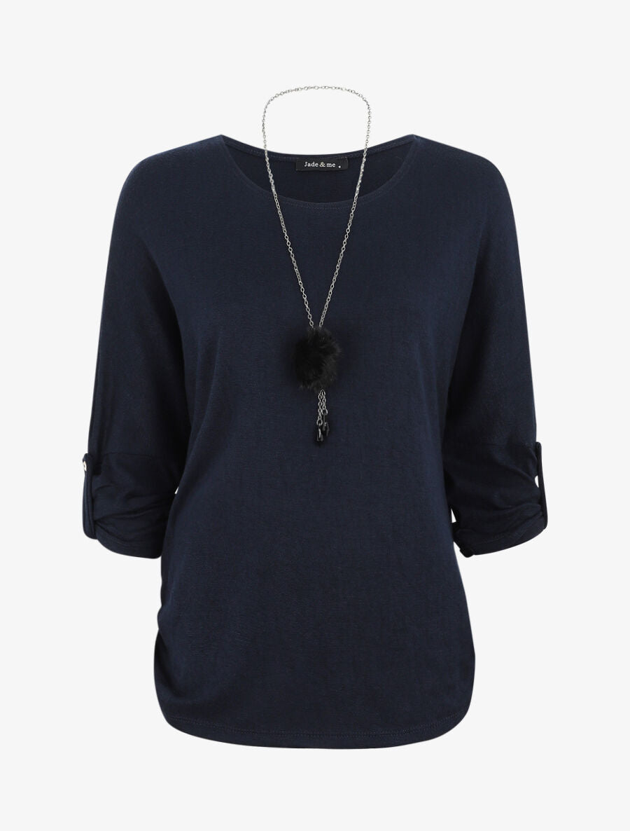 Pull ample uni avec sautoir - Marine - 1
