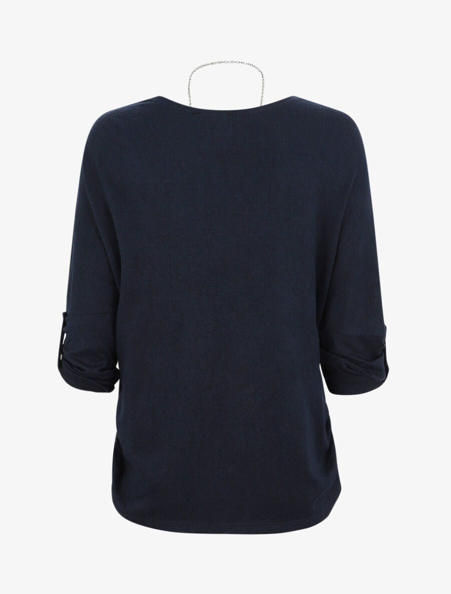 Pull ample uni avec sautoir - Marine - 2