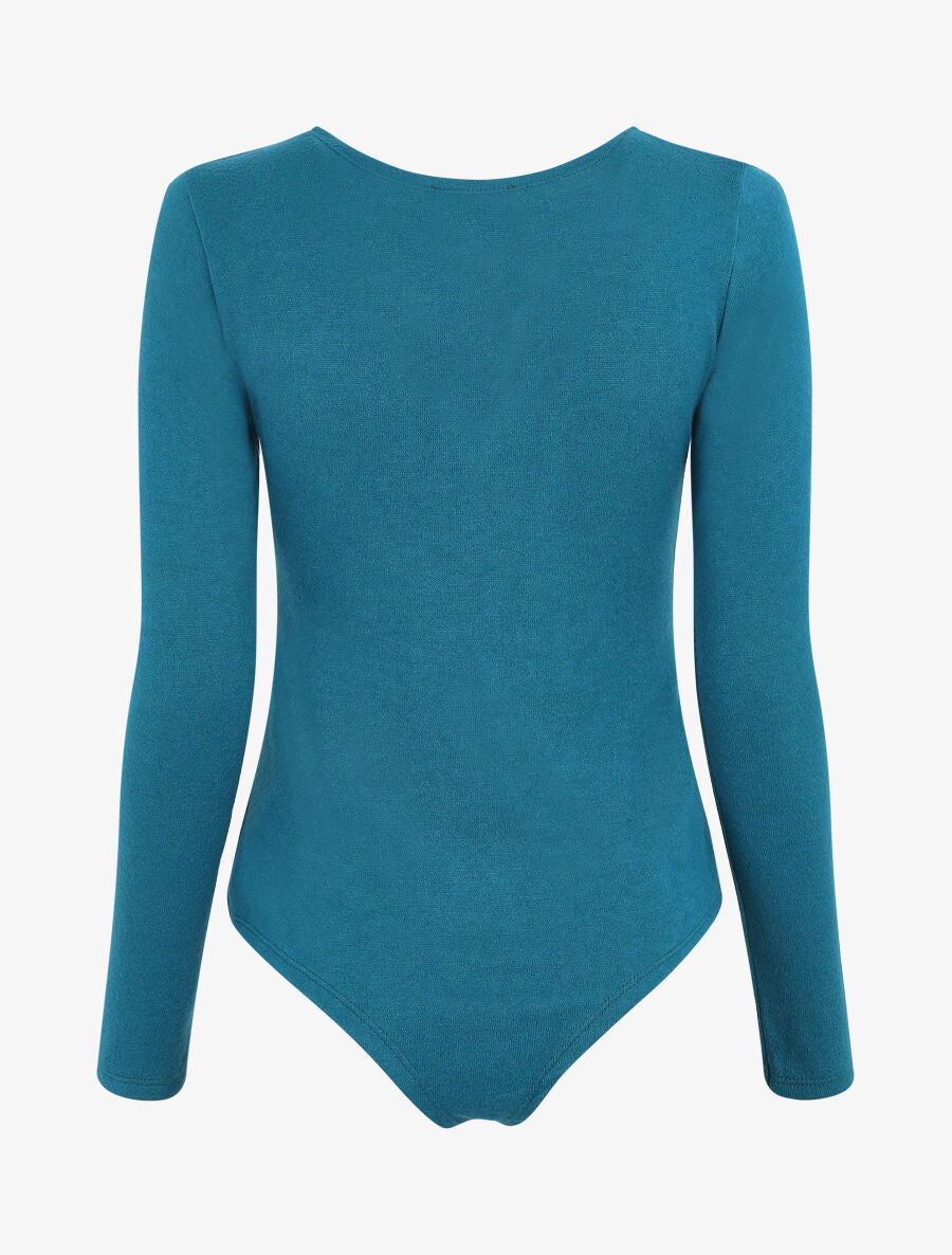 Body en maille uni à col V zippé - Bleu canard - 2