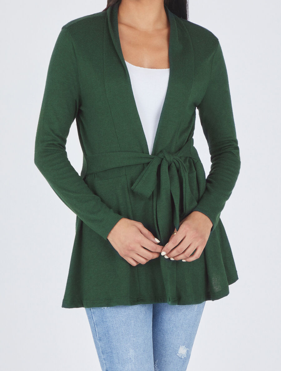 Gilet mi-long uni et ceinturé - Vert - 4