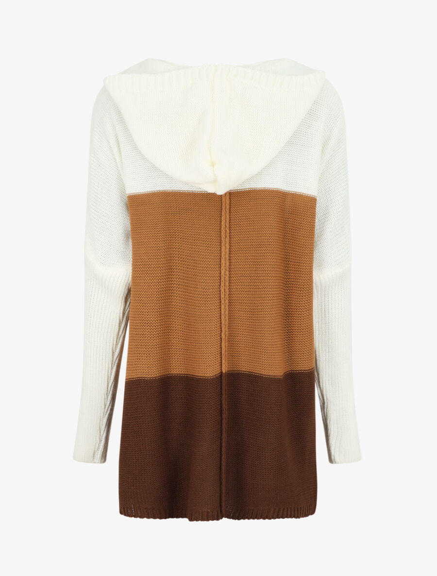 Gilet mi-long rayé à capuche - Camel/gris - 2