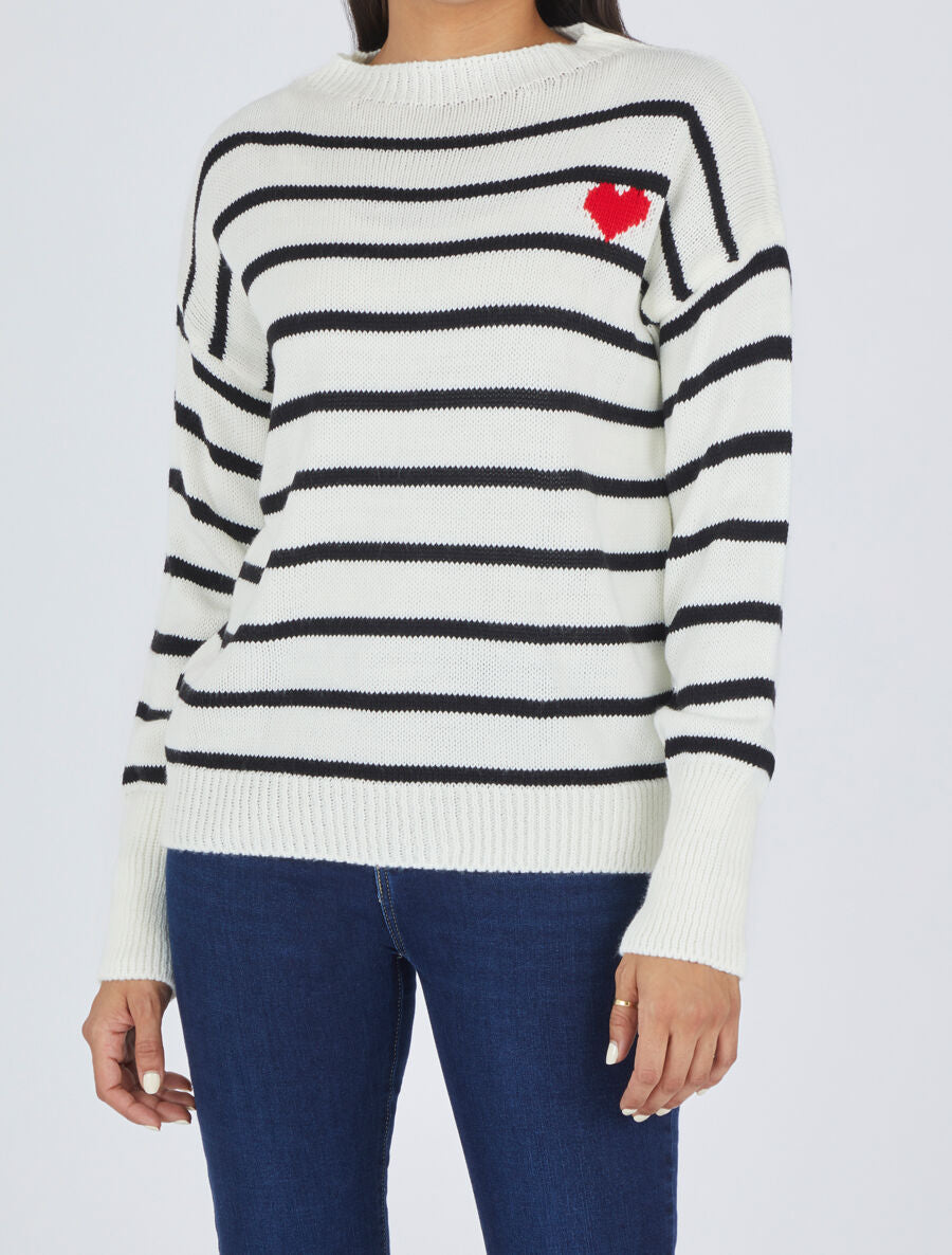 Pull rayé à coeur - Blanc - 4