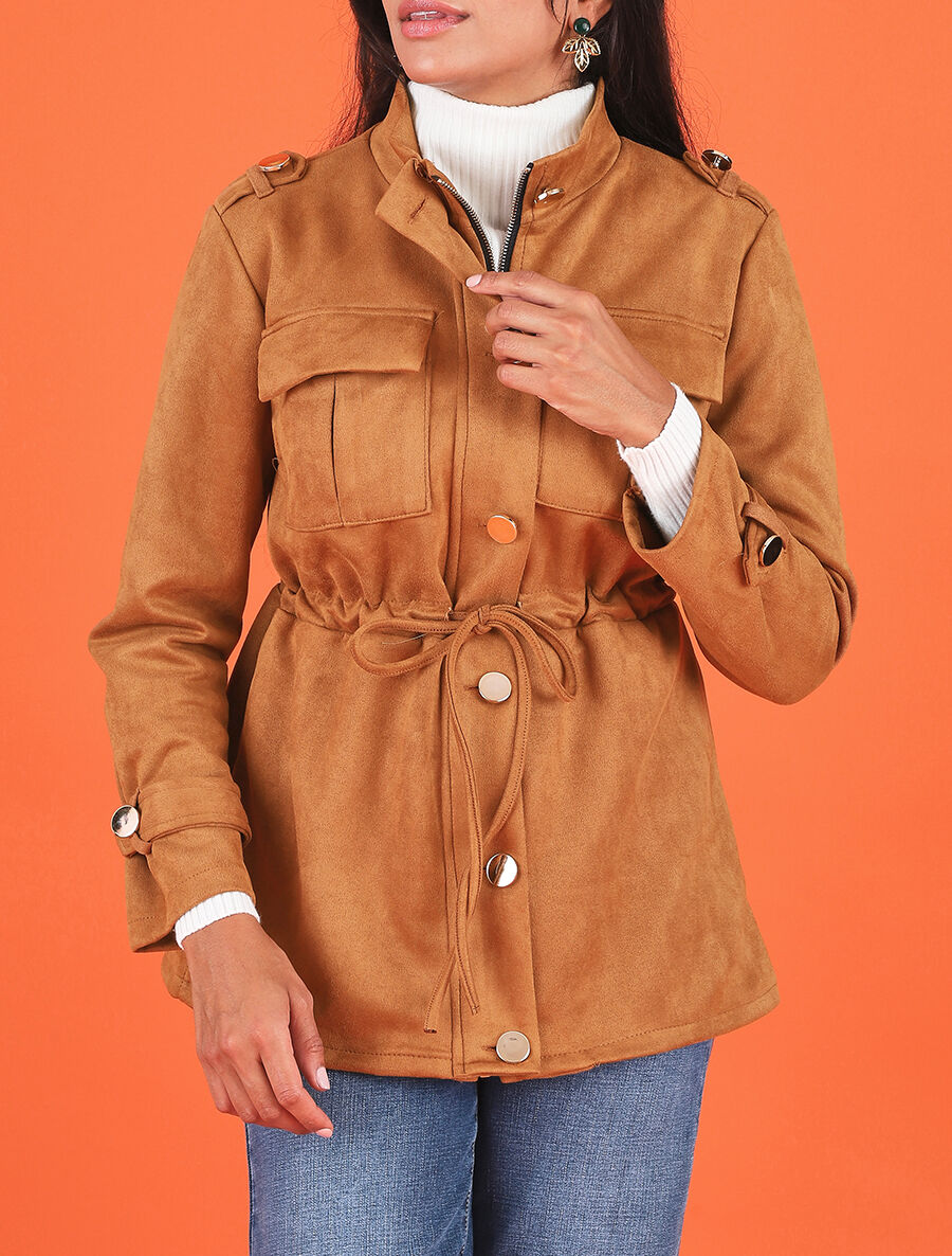 Veste en suédine à poches à rabat - Camel - 4