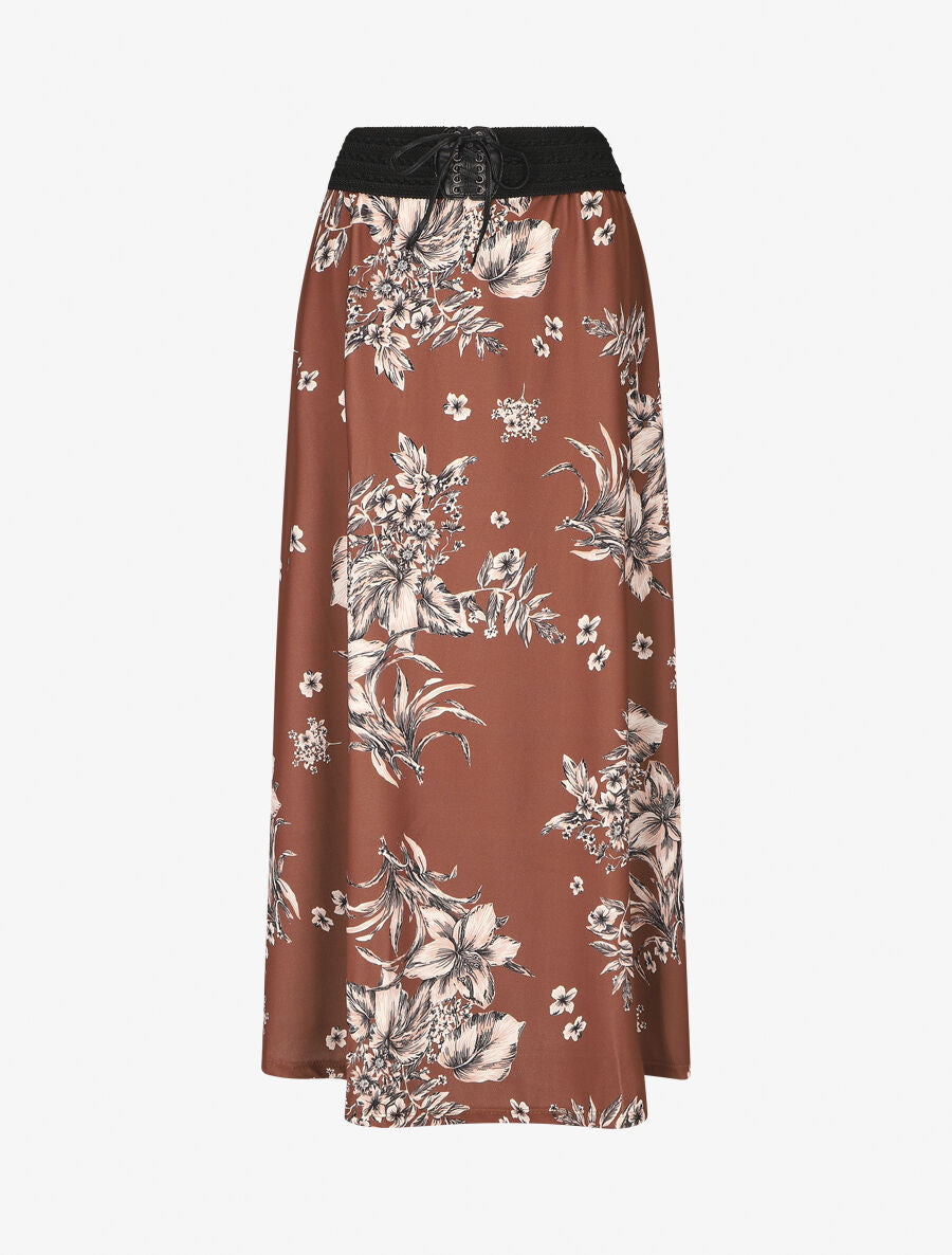 Jupe longue à imprimé fleuri à taille haute - Marron - 1