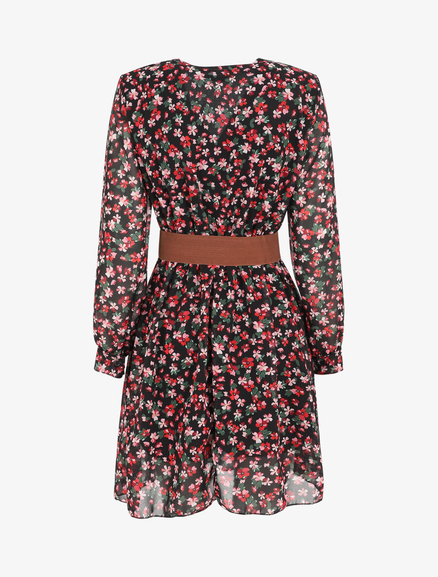 Robe mi-longue à imprimé petites fleurs - Noir - 2