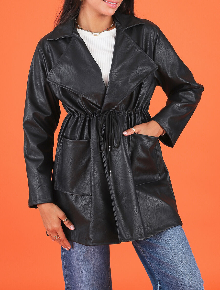 Veste mi-longue en simili - Noir - 4