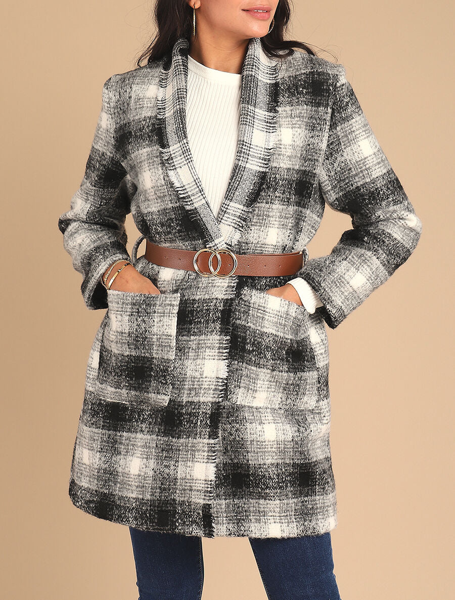 Manteau léger effet tweed motif carreaux - Noir/blanc - 4