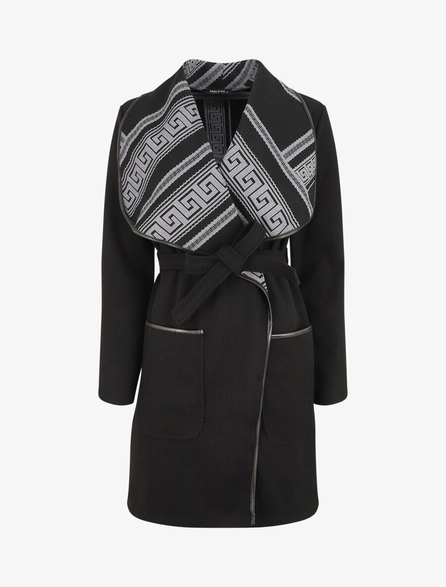Manteau ceinturé à imprimé grec - Noir - 1