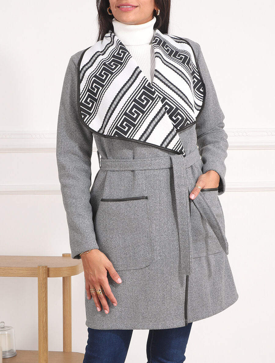 Manteau ceinturé à imprimé grec - Gris - 4