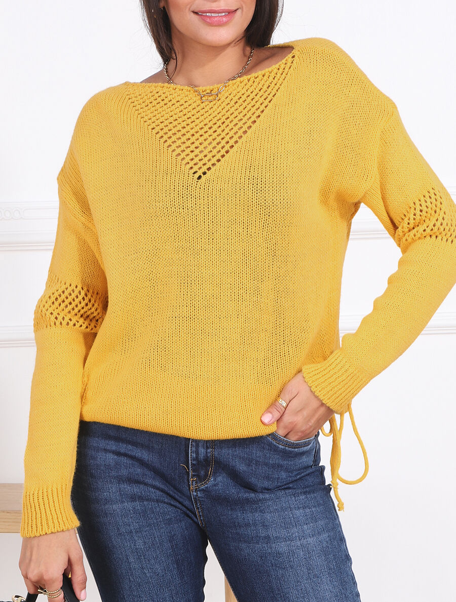 Pull droit uni à liens - Jaune - 4