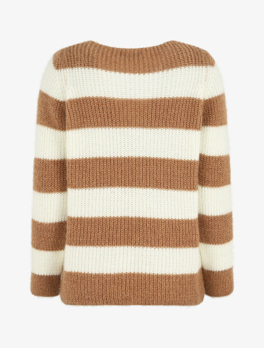 Pull duveteux à rayures et col V - Camel - 2