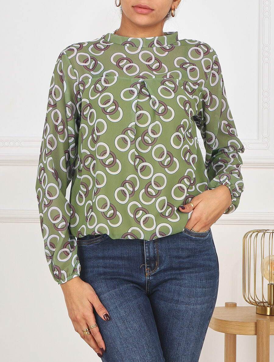 Blouse manches longues à col rond et imprimé anneaux - Vert amande - 4