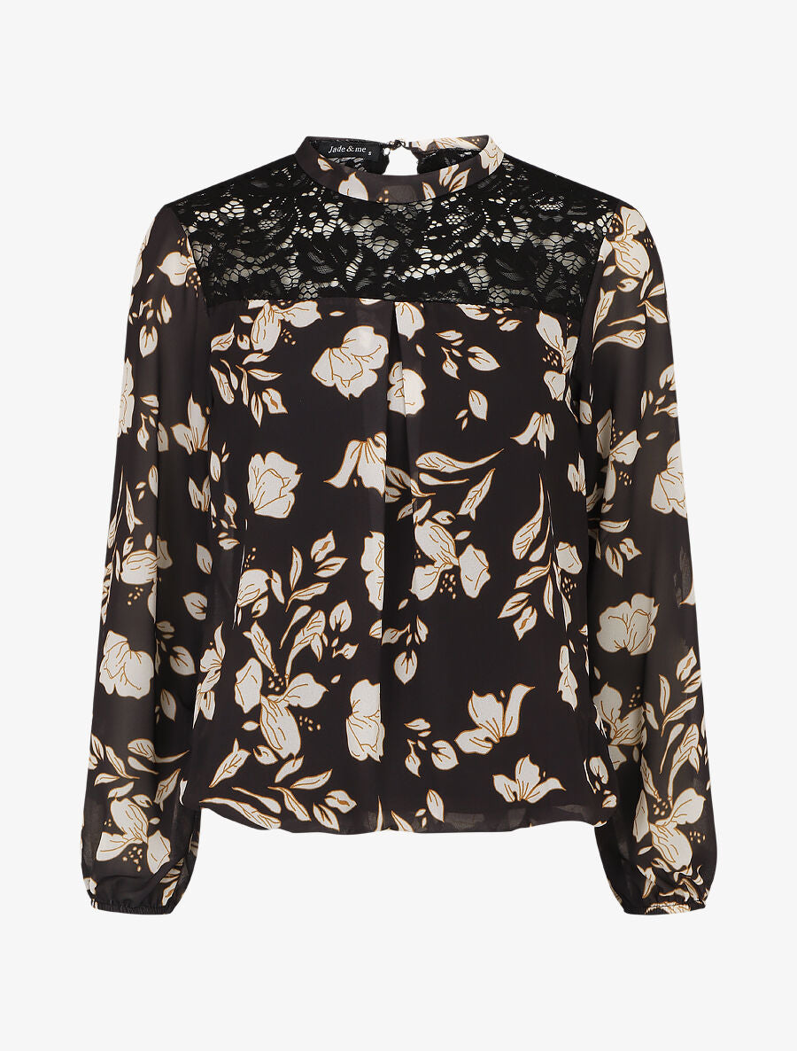 Blouse manches longues à dentelle et imprimé floral - Noir - 1