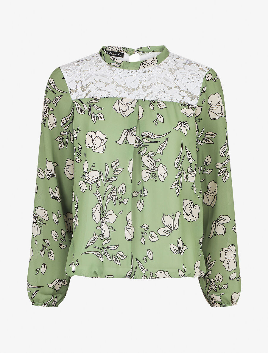 Blouse manches longues à dentelle et imprimé floral - Vert amande - 1