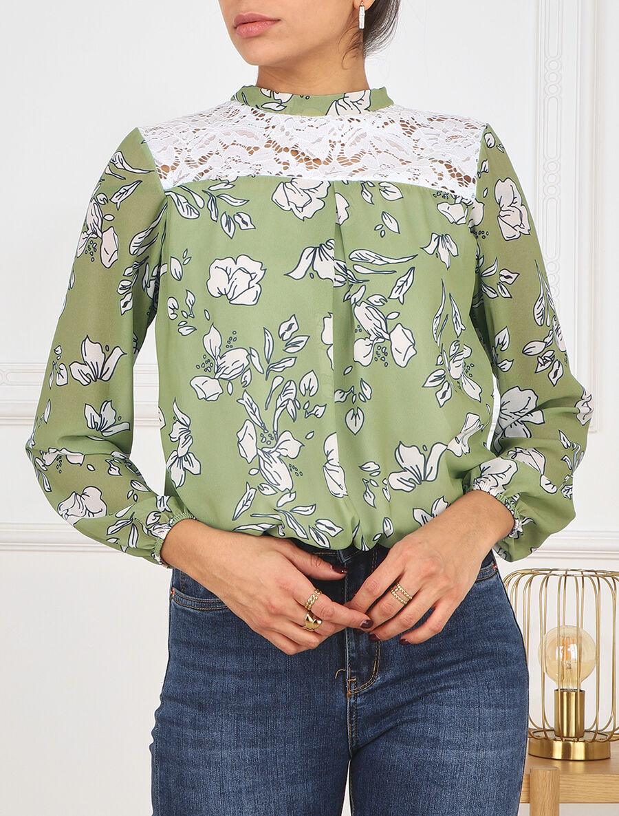 Blouse manches longues à dentelle et imprimé floral - Vert amande - 4