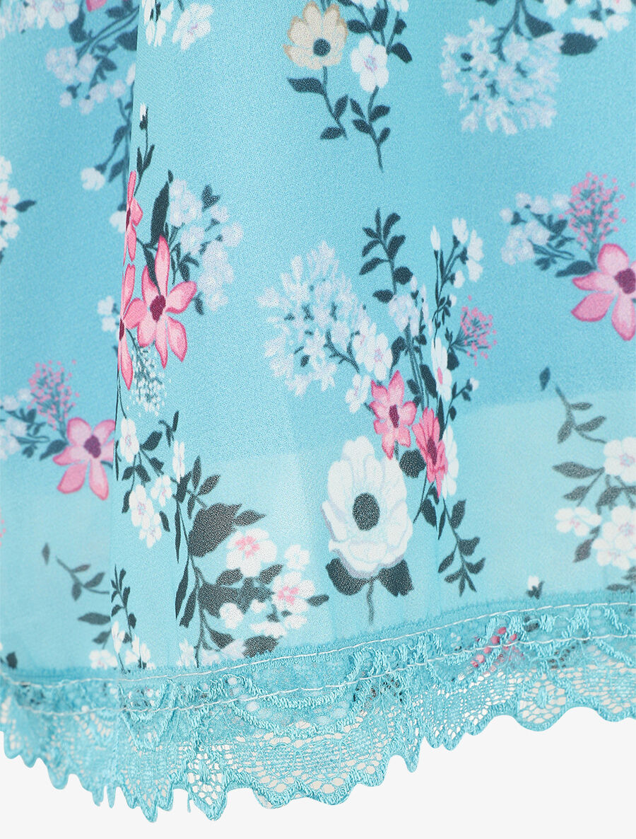 Caraco imprimé petites fleurs à bord en dentelle - Bleu clair - 3