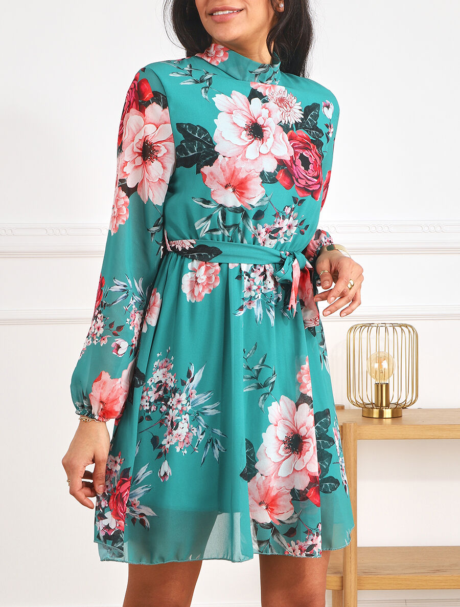 Robe imprimé floral manches longues col montant - Bleu canard - 4