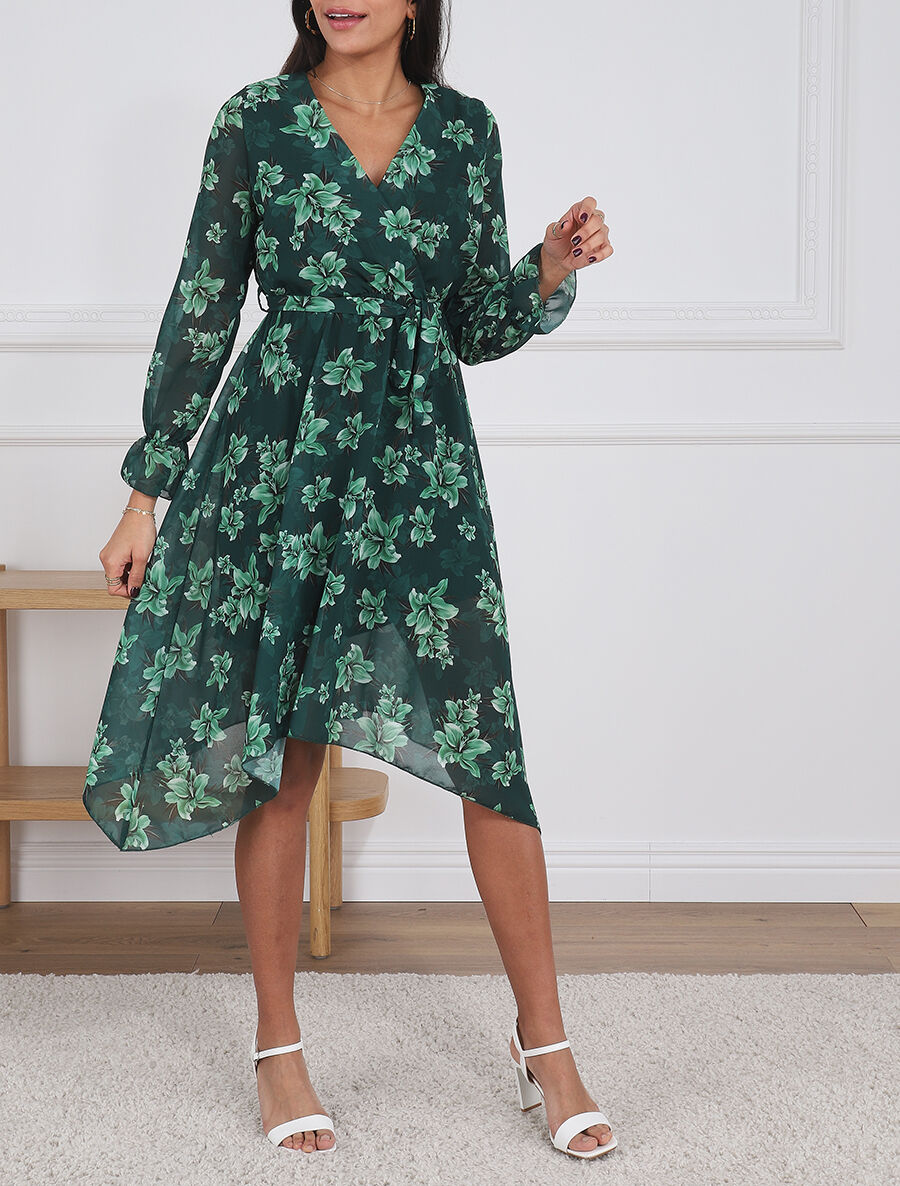Robe élastiquée à imprimé fleuri - Vert - 4