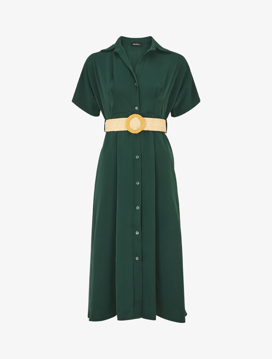 Robe chemise longue unie manches courtes - Vert foncé - 1