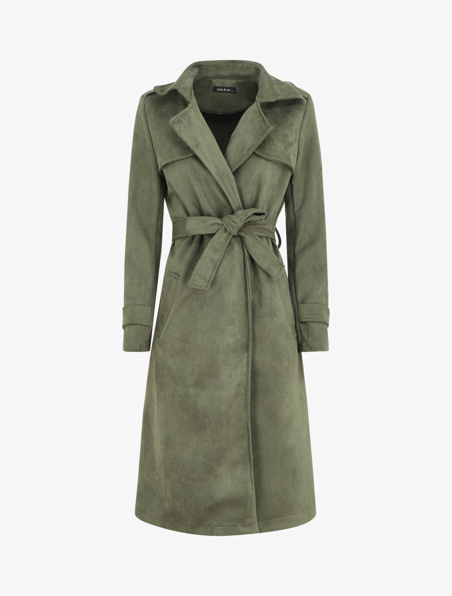 Trench long uni en suédine - Kaki - 1