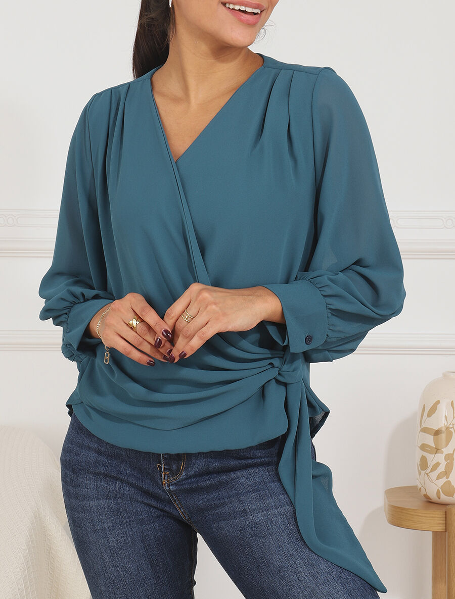 Blouse en voile style portefeuille - Bleu canard - 4