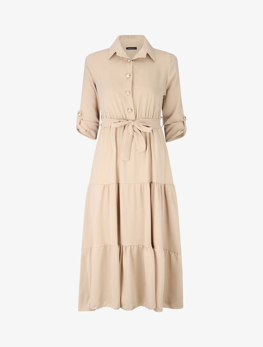 Robe longue à manches longues retroussables - Beige - 1