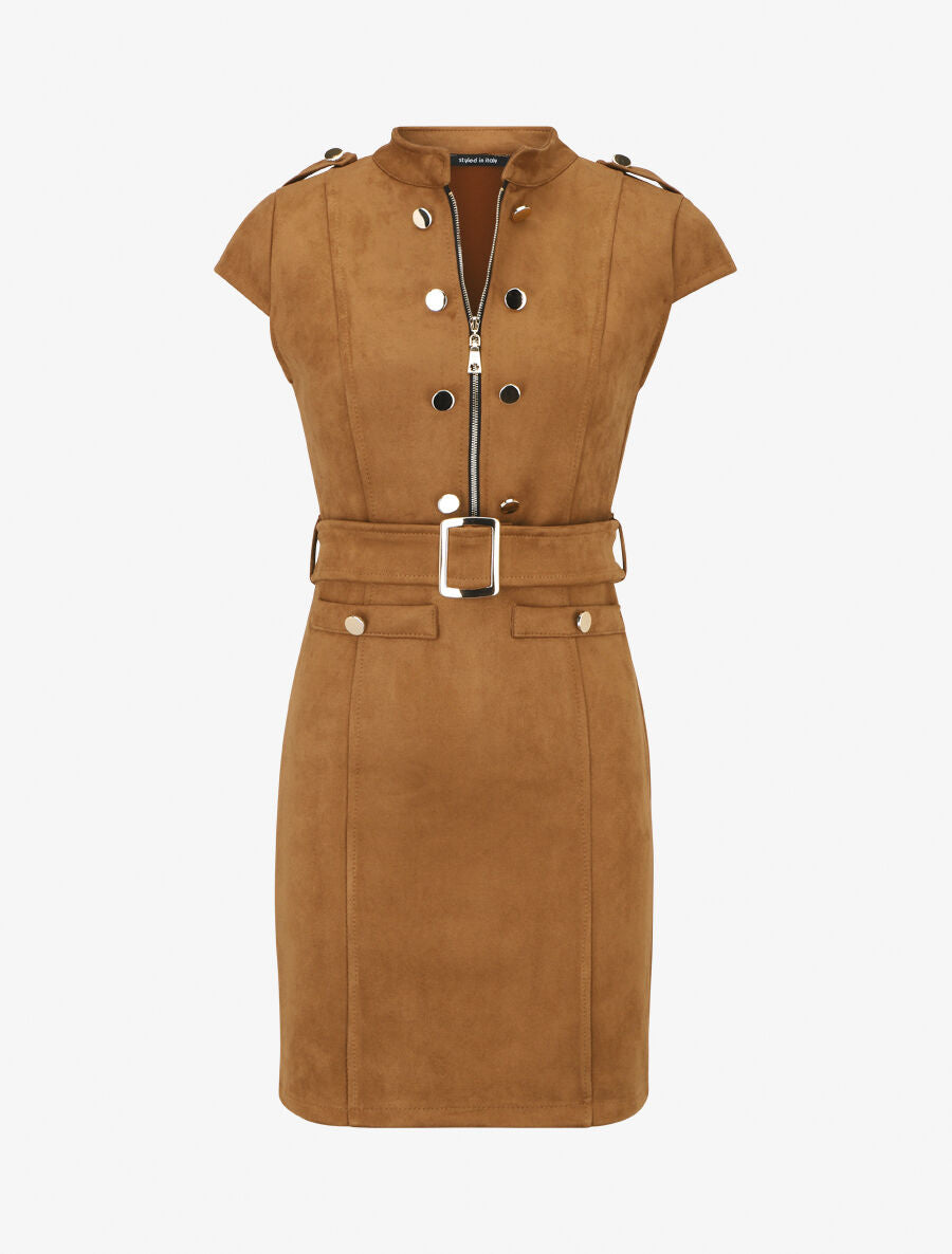 Robe courte ceinturée en suédine - Camel - 1