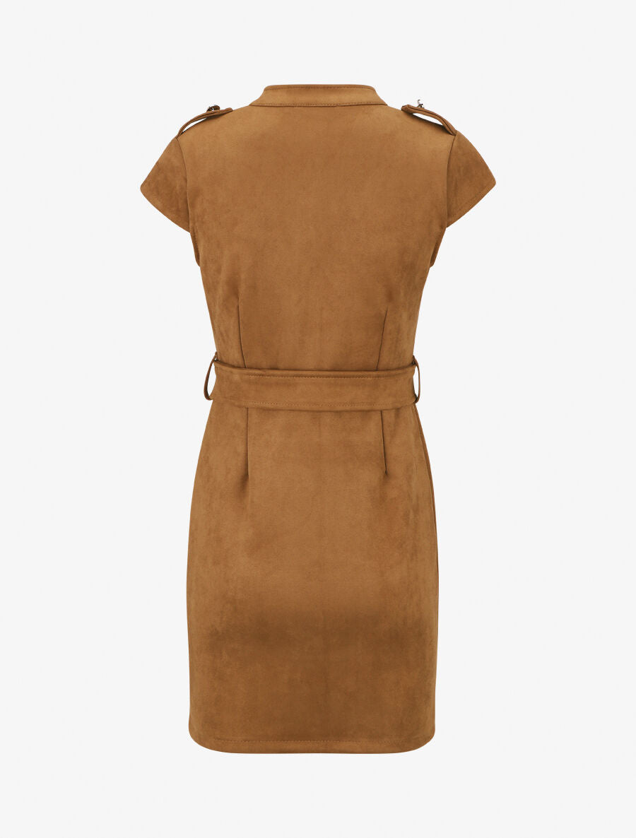 Robe courte ceinturée en suédine - Camel - 2