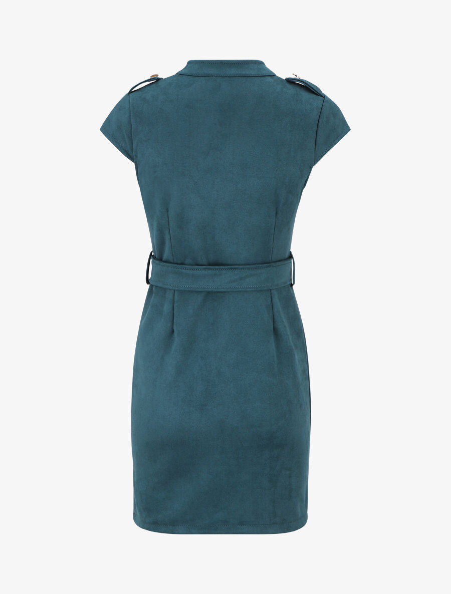 Robe courte ceinturée en suédine - Bleu canard - 2