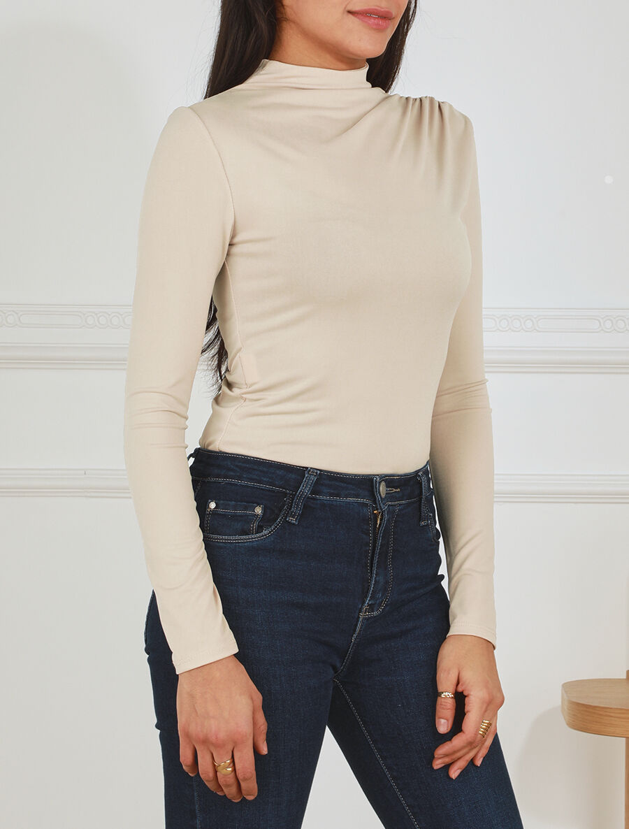Top uni à col montant drapé - Beige - 4