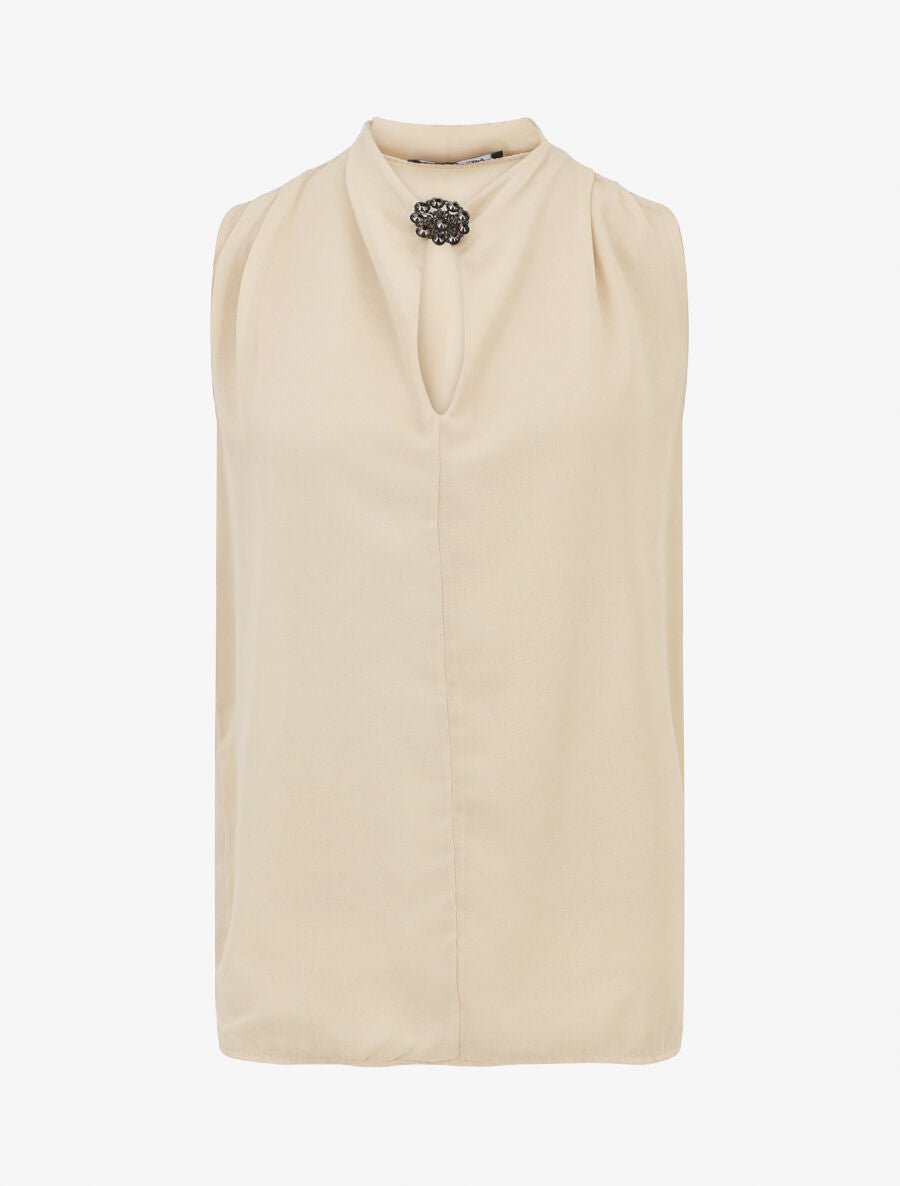 Blouse unie en voile à détail bijoux - Beige - 1
