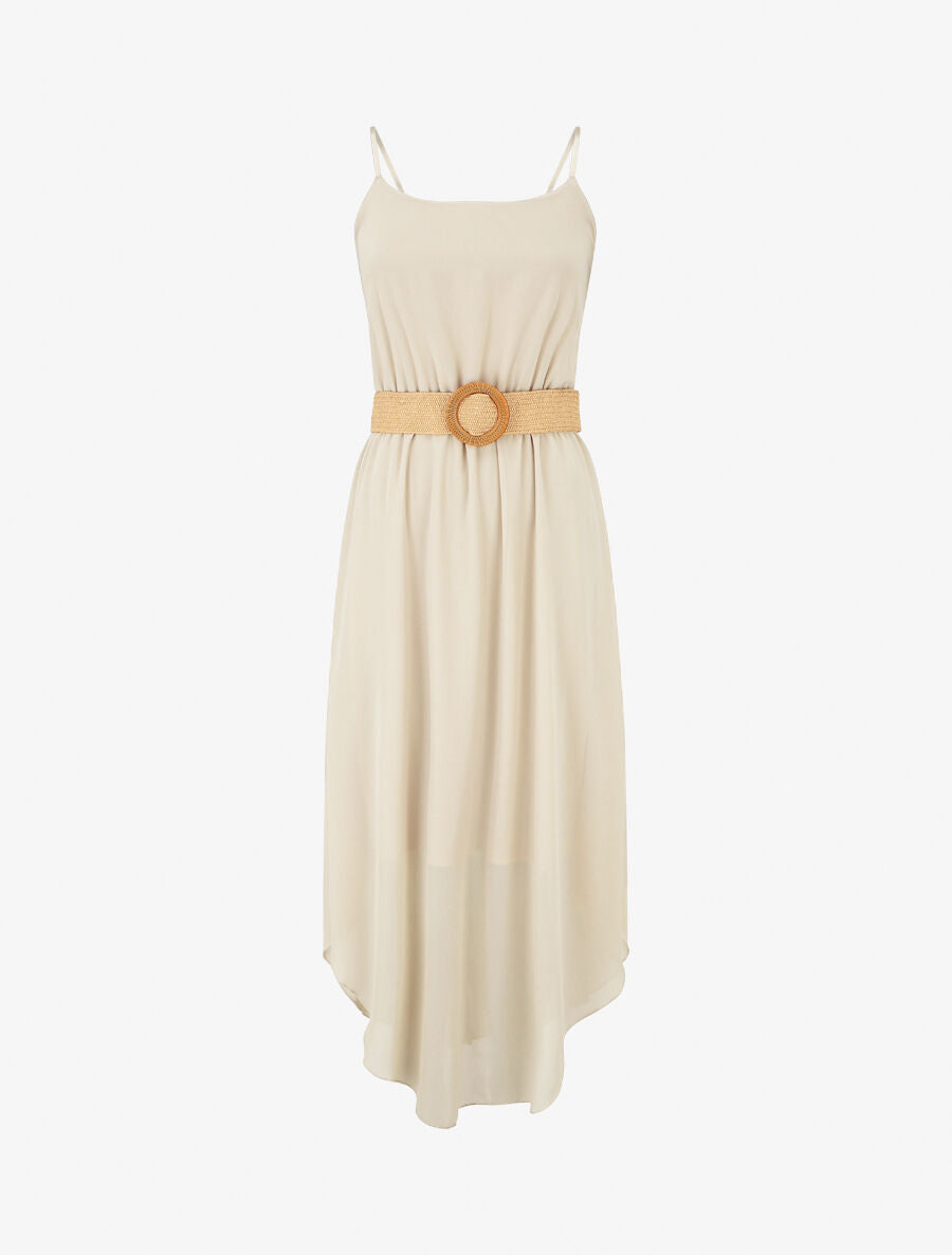 Robe longue unie à taille élastiquée - Beige - 1