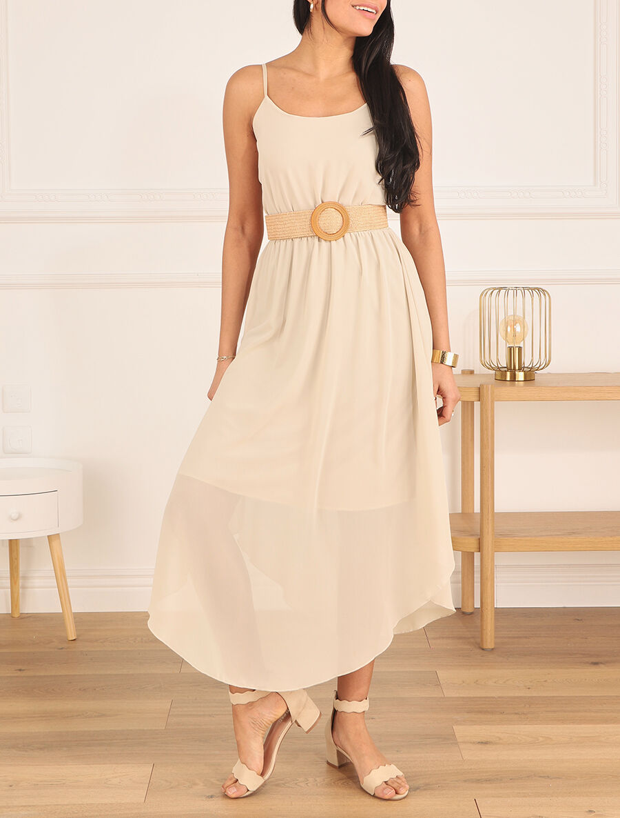 Robe longue unie à taille élastiquée - Beige - 4