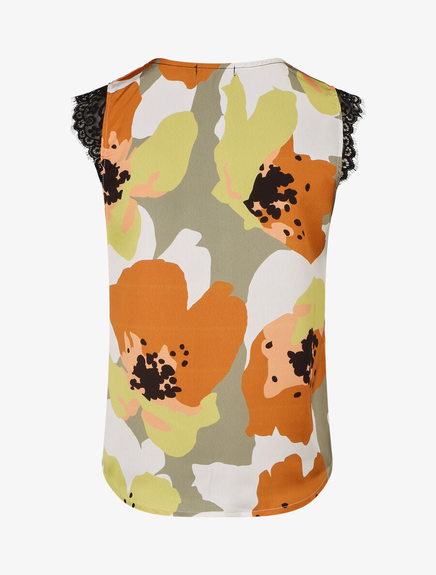 Top en dentelle imprimé grandes fleurs abstraites - Camel - 2
