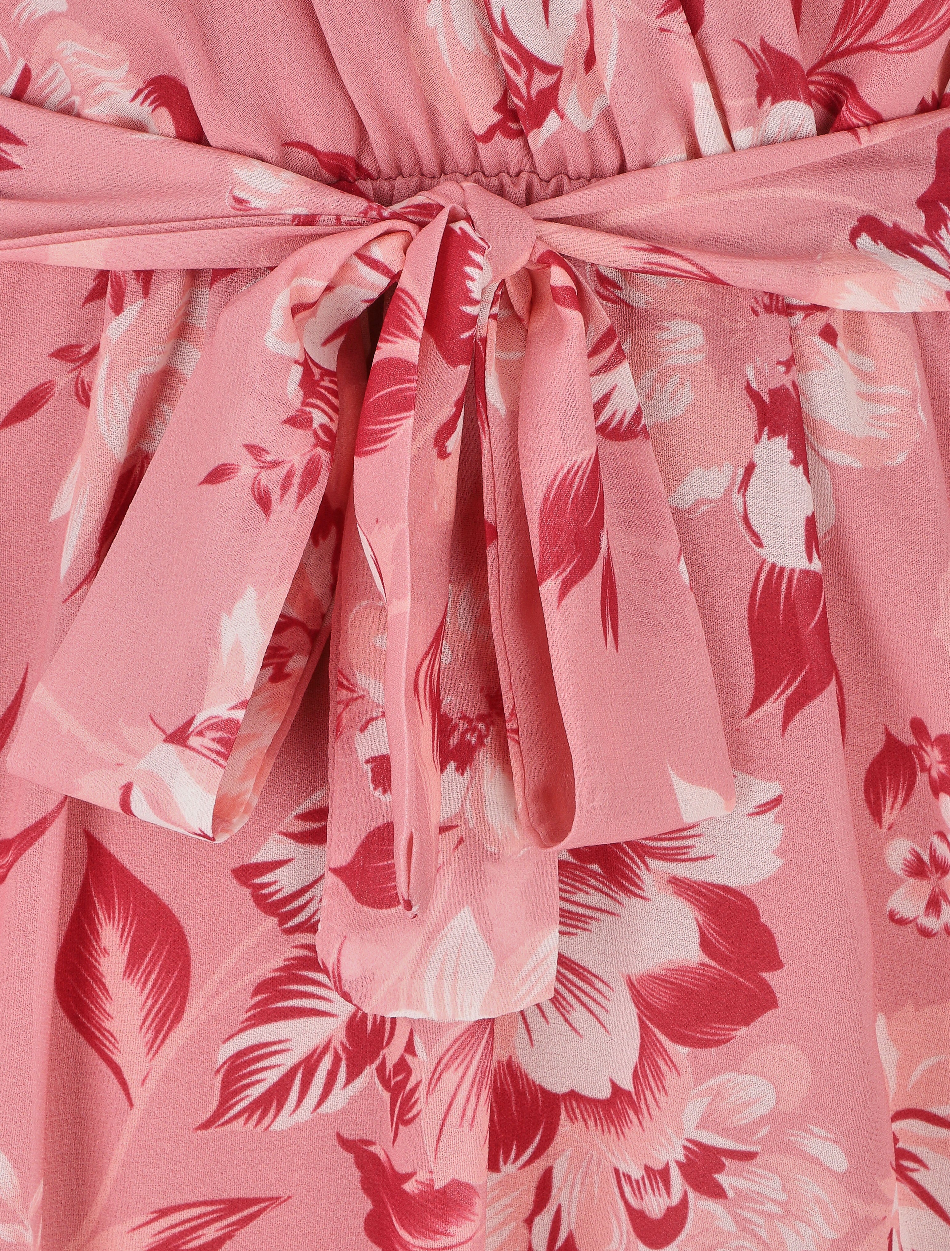 Robe à imprimé fleuri et manches courtes volantées - Rose - 3