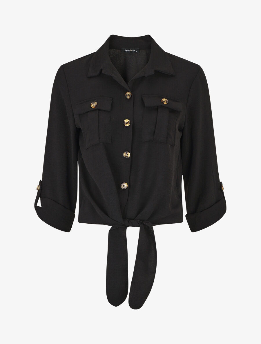 Blouse à nouer et manches retroussables - Noir - 1