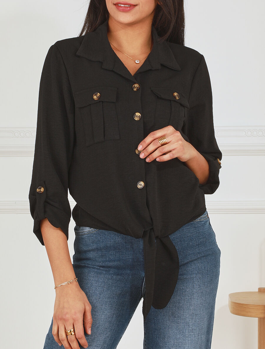 Blouse à nouer et manches retroussables - Noir - 4