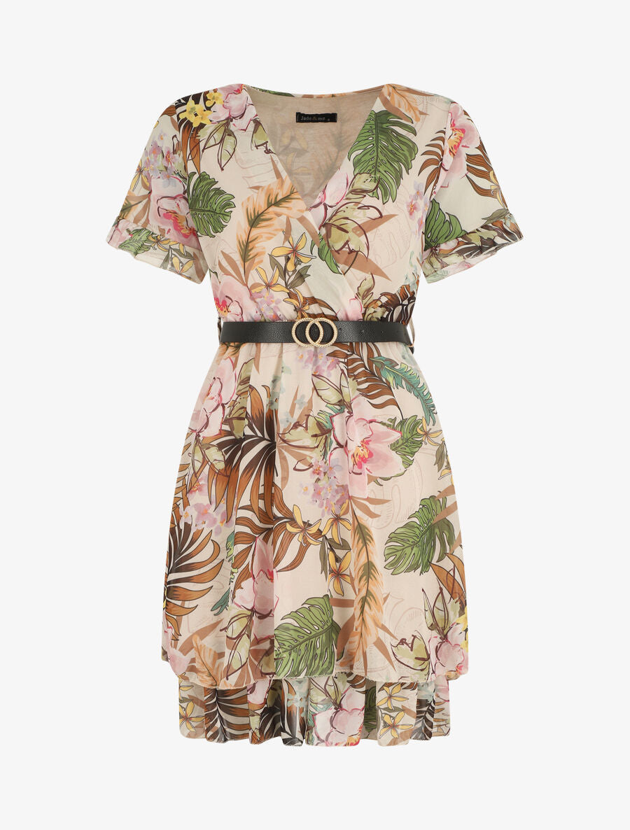 Robe évasée manches courtes imprimé fleurs tropicales - Beige - 4