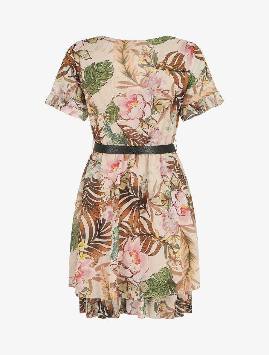 Robe évasée manches courtes imprimé fleurs tropicales - Beige - 2