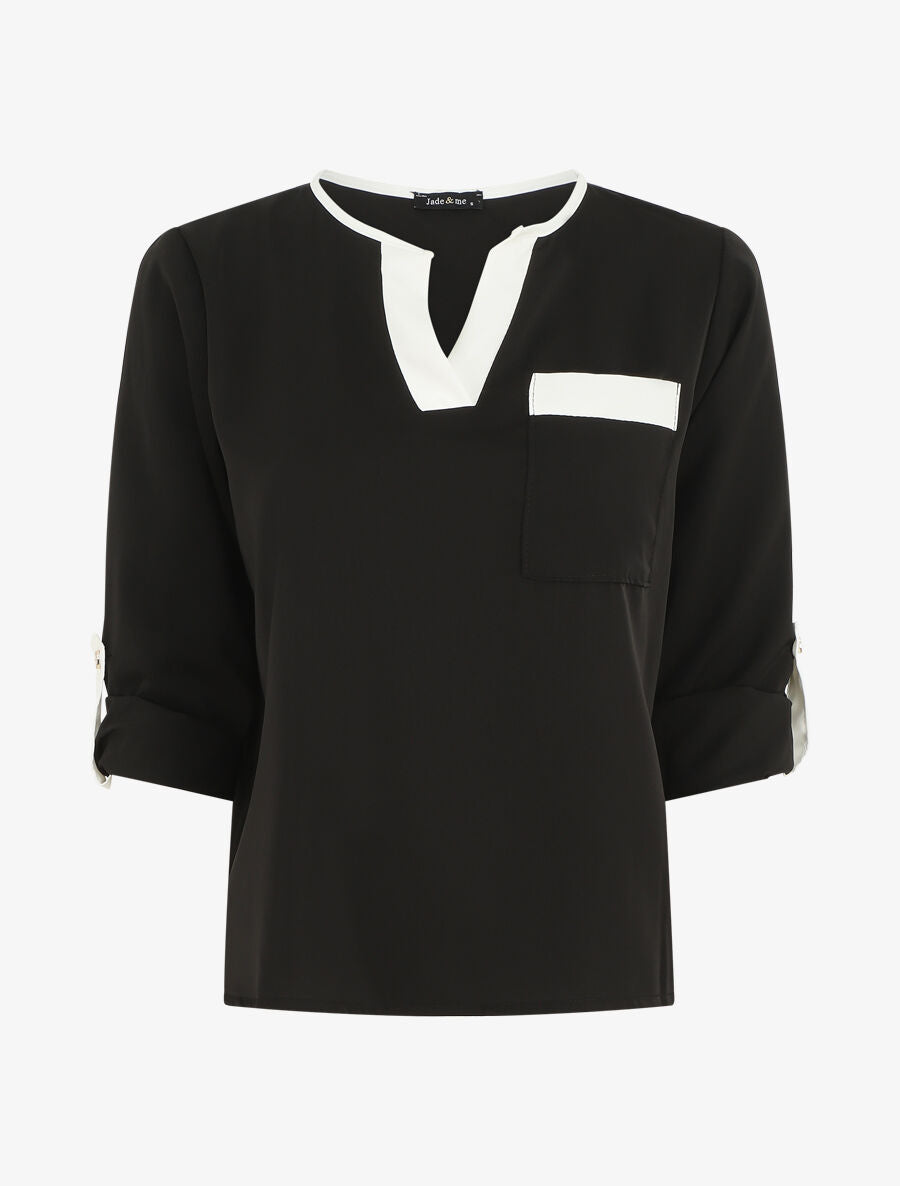 Blouse unie fluide à manches retroussables - Noir - 1