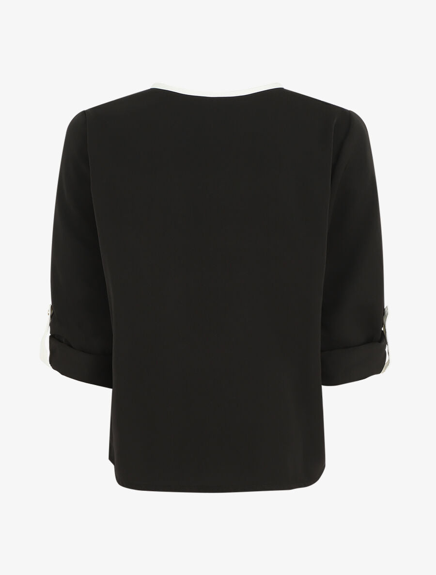 Blouse unie fluide à manches retroussables - Noir - 2