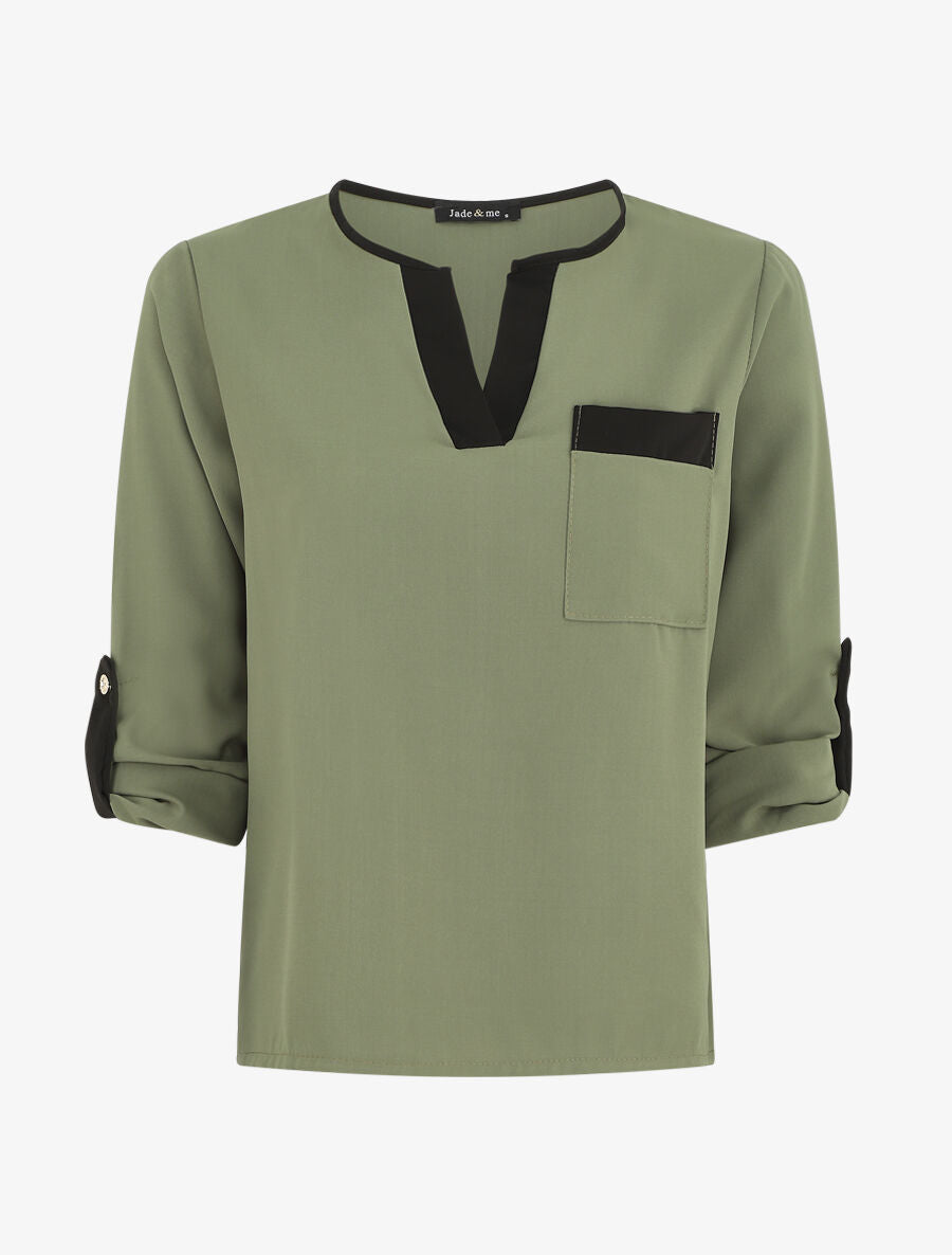 Blouse unie fluide à manches retroussables - Kaki - 5