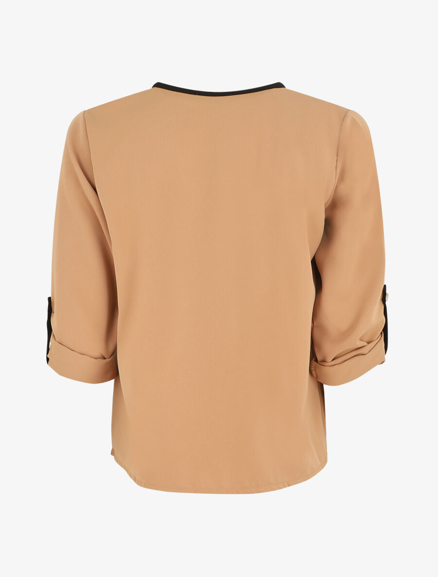 Blouse unie fluide à manches retroussables - Camel - 2