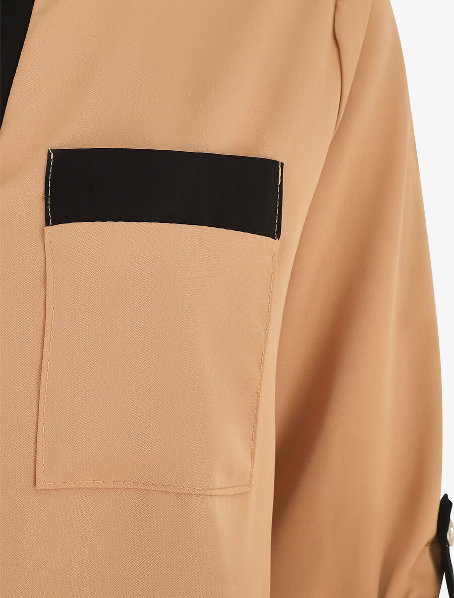 Blouse unie fluide à manches retroussables - Camel - 3